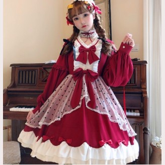 Burgundy Snow White Lolita Style Dress OP & Choker Set by JingYueFang (YJ19)